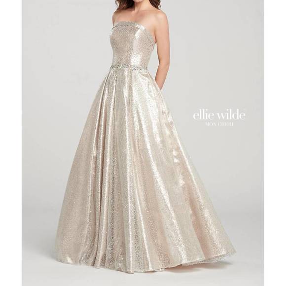 NEW ELLIE WILDE strapless ball gown in silver gold